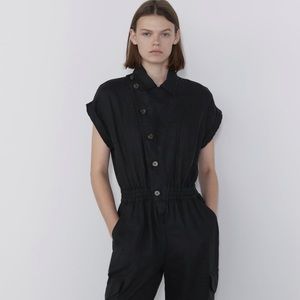 Zara Jumpsuit Black Buttons Linen Jogger 5216/241